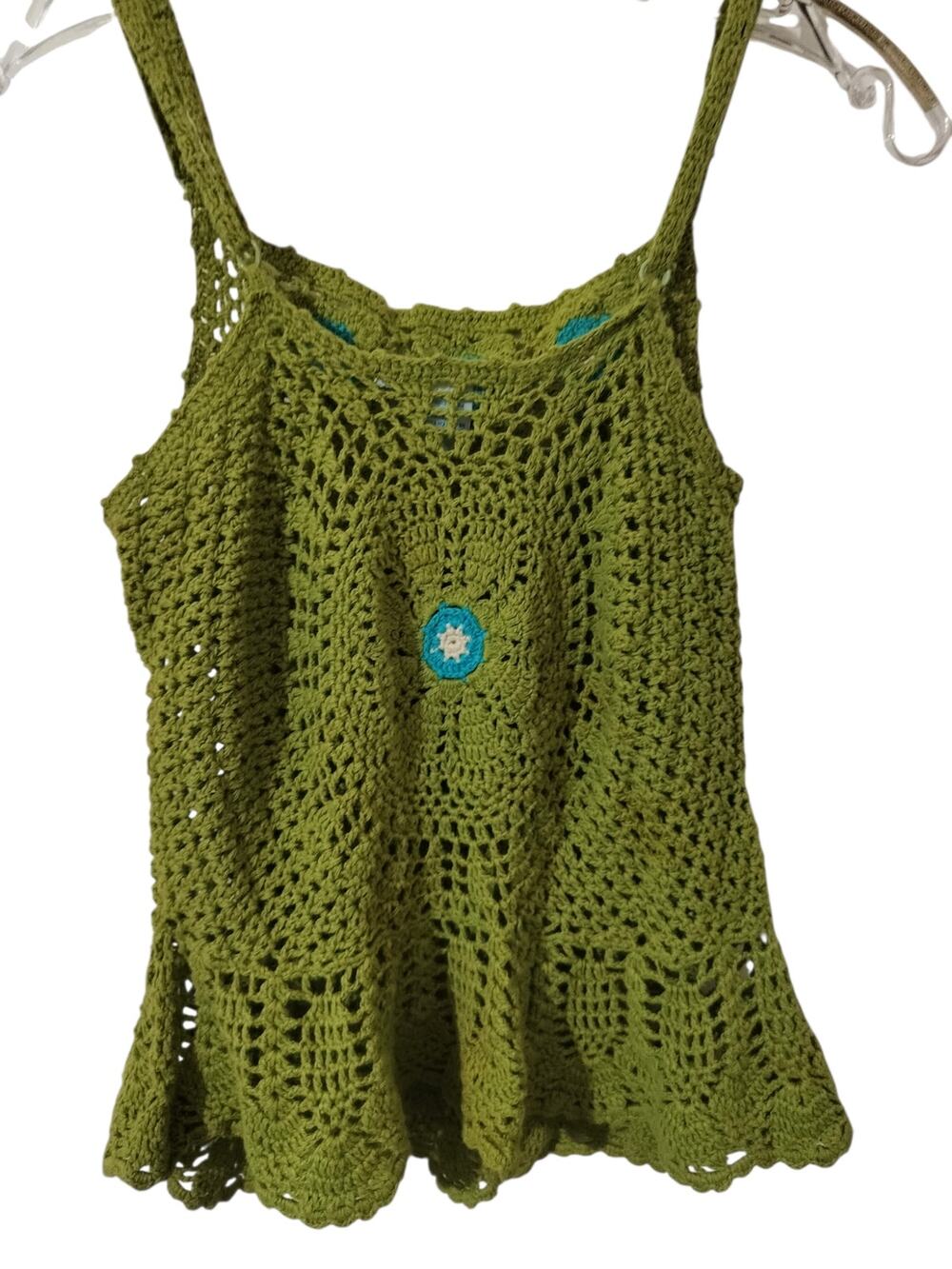 6028) One Step Up Cottagecore Boho Lime Green Crocheted Tank Top Medium